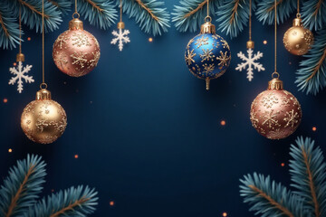 Merry Christmas and Happy New Year vector banner. Realistic rose gold and blue baubles, snowflakes hanging on dark blue background. Christmas balls motion blur effect. Luxury background