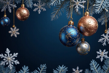 Merry Christmas and Happy New Year vector banner. Realistic rose gold and blue baubles, snowflakes hanging on dark blue background. Christmas balls motion blur effect. Luxury background