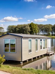 Fototapeta premium Modern static caravan on campsite with a lake view in the background