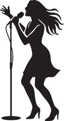 "Female Singer Silhouette Performing with Microphone on Stage – Vector Illustration for Music and Entertainment"