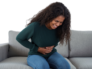 Distressed woman clutching abdomen, experiencing discomfort against transparent presentation