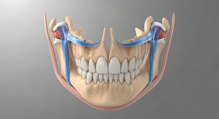 Detailed 3D rendering of the human jaw with visible teeth, bones, and blood vessels.