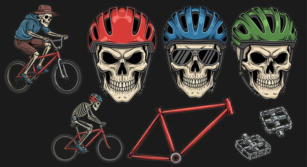 Illustration featuring skeletons riding bicycles, along with bicycle frames, pedals, and skull wearing helmets in red, blue, and green.