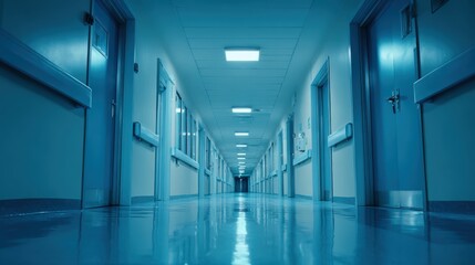 Fototapeta premium Hospital Corridor with Doors and Windows, Perspective View of a Long, Empty Hallway in Blue Tones