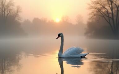 Naklejka premium Swan Swimming in Misty Lake at Dawn Reflecting Serene Stillness. High quality