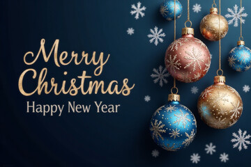Merry Christmas and Happy New Year vector banner. Realistic rose gold and blue baubles, snowflakes hanging on dark blue background. Christmas balls motion blur effect. Luxury background
