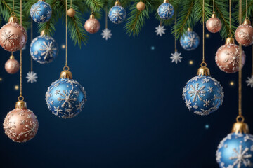 Merry Christmas and Happy New Year vector banner. Realistic rose gold and blue baubles, snowflakes hanging on dark blue background. Christmas balls motion blur effect. Luxury background