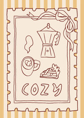 Autumn stump poster, autumn card in hand drawn line art style. Autumn breakfast cafe wall art. Whimsical fall aesthetic stamp design. Cozy cottagecore autumn stamp frame card, vector