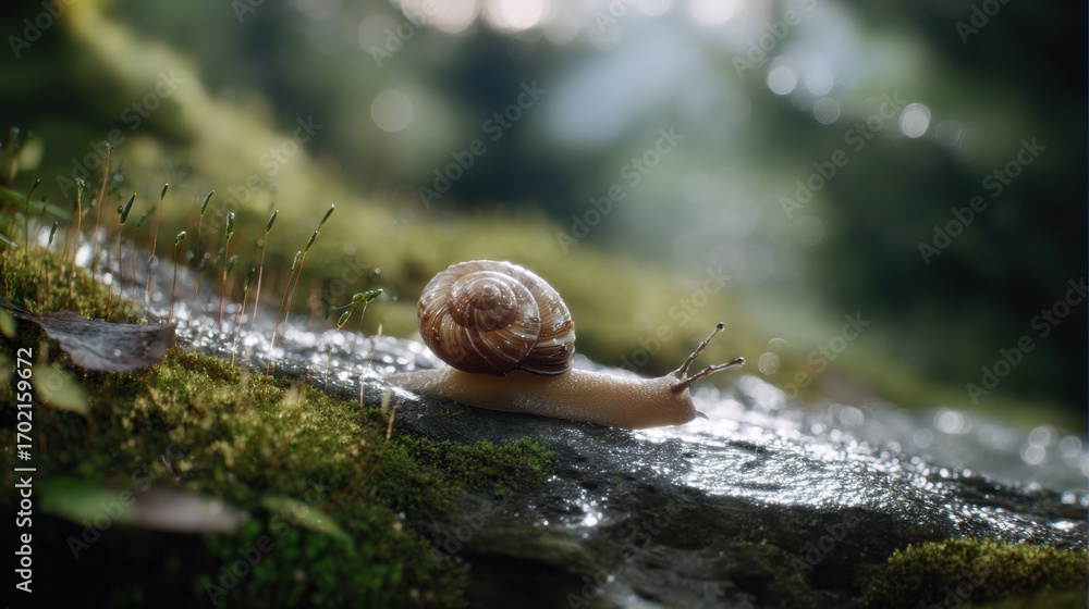 Poster close up view of snail on mossy surface, showcasing its intricate shell and delicate features. soft,