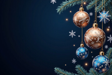Merry Christmas and Happy New Year vector banner. Realistic rose gold and blue baubles, snowflakes hanging on dark blue background. Christmas balls motion blur effect. Luxury background