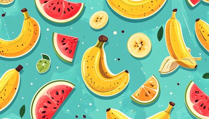 A vibrant pattern of tropical fruits, featuring slices of watermelon, bananas, and orange, arranged artfully on a light teal background.