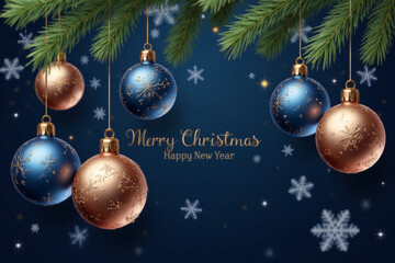 Merry Christmas and Happy New Year vector banner. Realistic rose gold and blue baubles, snowflakes hanging on dark blue background. Christmas balls motion blur effect. Luxury background