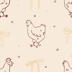Autumn seamless pattern with chickens and bows, hand drawn line art style. Whimsical fall aesthetic background. Cozy cottagecore autumn pattern, vector