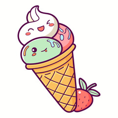 Cute Smiling Ice Cream Cone with Strawberry
