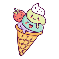 Cute Smiling Ice Cream Cone with Strawberry