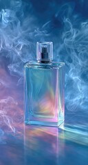 Elegant perfume bottle with vibrant colorful smoke and dramatic lighting.