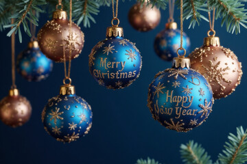 Merry Christmas and Happy New Year vector banner. Realistic rose gold and blue baubles, snowflakes hanging on dark blue background. Christmas balls motion blur effect. Luxury background