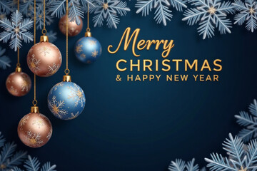 Merry Christmas and Happy New Year vector banner. Realistic rose gold and blue baubles, snowflakes hanging on dark blue background. Christmas balls motion blur effect. Luxury background