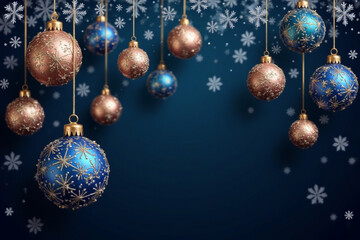 Merry Christmas and Happy New Year vector banner. Realistic rose gold and blue baubles, snowflakes hanging on dark blue background. Christmas balls motion blur effect. Luxury background