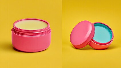Pink cosmetic jar with open lid and another lid on yellow background.