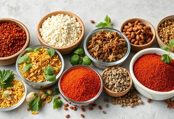 Assortment of dried herbs and spices in bowls,  culinary,  bay leaf