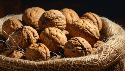Close-up view of numerous walnuts nestled within a natural burlap sack, displaying a rich, warm brown hue and intricate patterns on their shells.