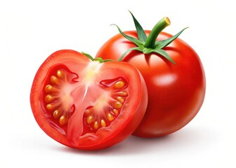 Fresh red tomato sliced in half on a clean white background