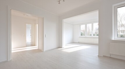 Bright, Empty Room in Modern Home with White Walls and Hardwood Floors Ready for Renovation