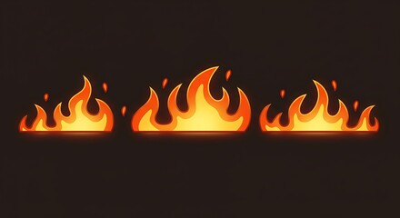 Set of three stylized cartoon fire flame icons arranged horizontally on a dark background.