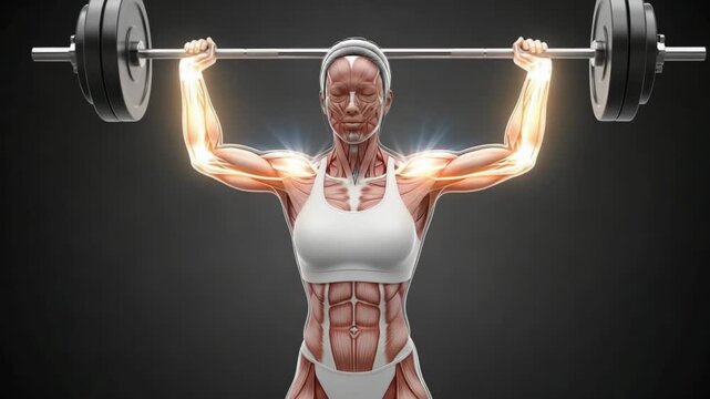 Muscular female anatomy lifting barbell demonstrating strength and fitness in an animated workout scene, highlighting muscle engagement and anatomical precision.