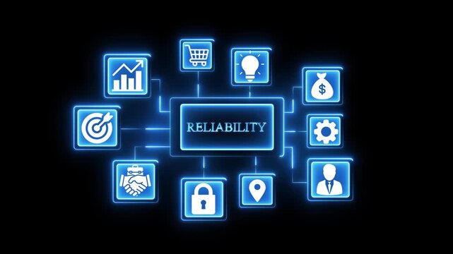 Reliability concept network with business icons glowing blue on black background