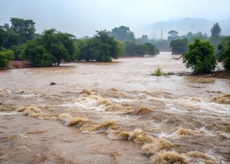 Water overflowing river banks due to intense monsoon rains