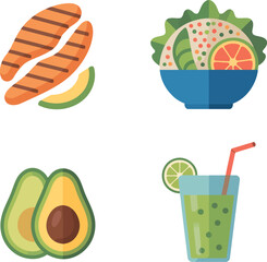 Healthy food icons salmon avocado salad drink flat graphics meal elements vector