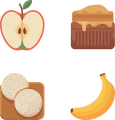 Healthy fruit and dessert icons apple slice honey jar banana and cake slices flat design vector