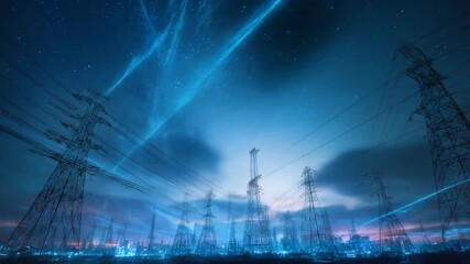 Night scene of numerous electricity pylons silhouetted against a vibrant, star-filled sky over a distant, illuminated cityscape - Powered by Adobe