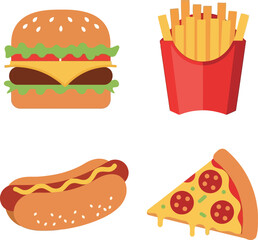 Fast food icons set burger fries hot dog pizza vector illustration cafe menu design vector