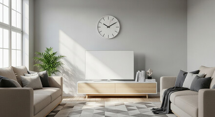 Living room with a green chair and a potted plant. The chair is placed in front of a white table- 3D rendering