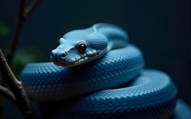 Fototapeta premium Blue Snake Coiled on Branch with Intense Gaze in Dark Setting. High quality