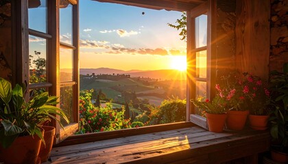 Fototapeta premium Beautiful Tuscan Sunset View Through an Open Window with Potted Plants.