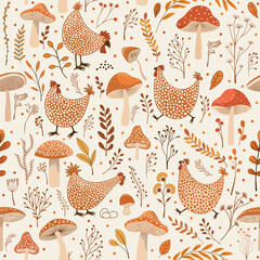 Seamless pattern with cartoon mushrooms and chickens birds and plants