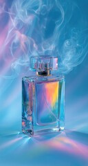 Luxurious Perfume Bottle Illuminated by Ethereal Colorful Light and Smoke.