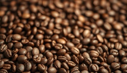Fototapeta premium Blurred background of roasted coffee beans, rich brown tones, close-up, coffee culture
