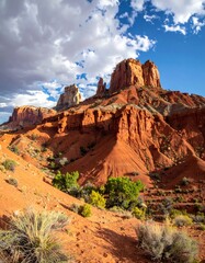 Fototapeta premium Dramatic red rock formations rise against a backdrop of a partly cloudy sky, showcasing the rugged beauty of a desert landscape.