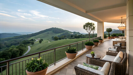 Balcony view overlooking rolling green hills and distant mountains image