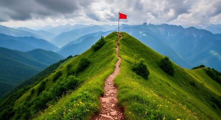 Summiting a majestic green mountain peak with a red flag and a path leading the way