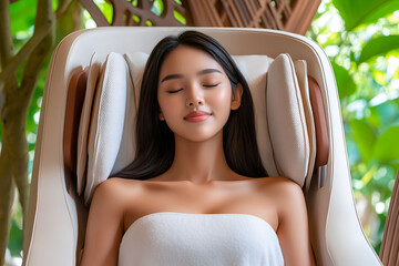 Asian young woman relaxing in massage chair amidst greenery