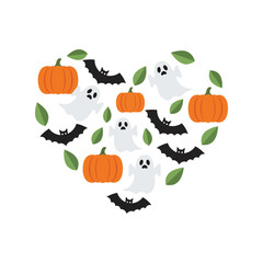 Cute halloween heart pattern with pumpkins ghosts bats and leaves festive seasonal design vector