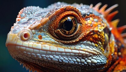 Detailed close-up of a vibrant lizard's head, showcasing intricate patterns and textures in stunning colors.