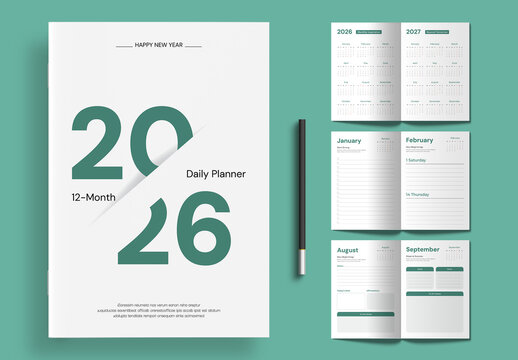 Modern 12 Month Daily Planner and Calendar Design Template for 2026