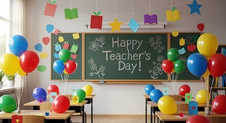 Teacher's Day Classroom Decorations: Colorful Balloons & Chalkboard Message